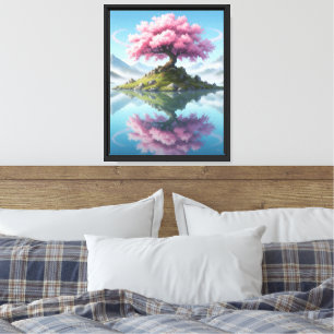 Lienzo Árbol Sakora en lago con montaña, flor rosa