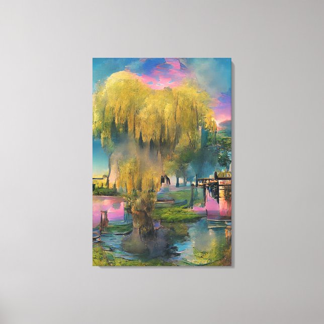 Lienzo Árbol salvaje al atardecer junto al estanque (Anverso)