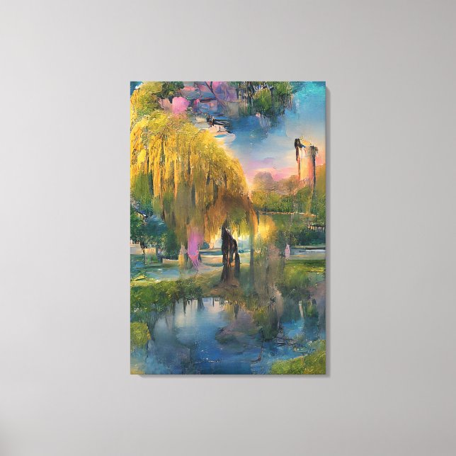 Lienzo Árbol salvaje dorado al atardecer junto al estanqu (Anverso)
