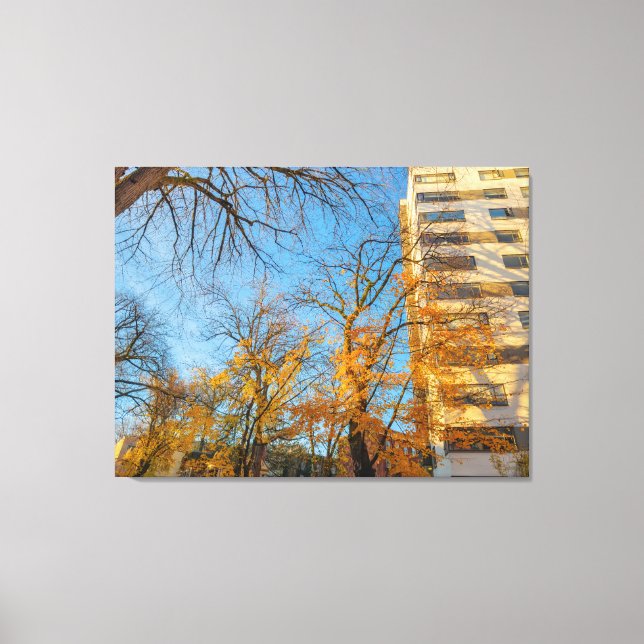 Lienzo Árboles de otoño y fachada de edificio (Anverso)