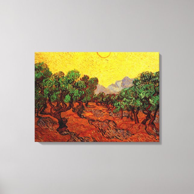 Lienzo Árboles olivos con cielo y sol amarillo, van Gogh (Anverso)