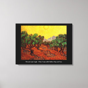 Lienzo Árboles olivos con cielo y sol amarillo, van Gogh