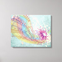 Arcoiris retro y notas musicales sobre una textura