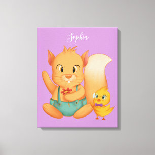 Lienzo Ardilla y pato, DIY Nombre blanco, Lavanda pálida