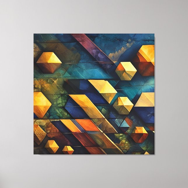 Lienzo Armonía Geométrica: Cubos Abstractos en Oro y Verd (Anverso)