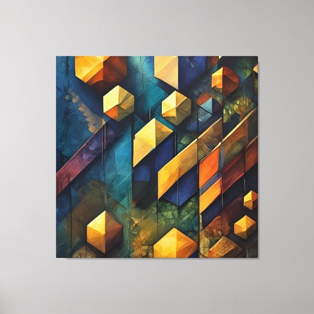 Lienzo Armonía Geométrica: Cubos Abstractos en Oro y Verd (Anverso)
