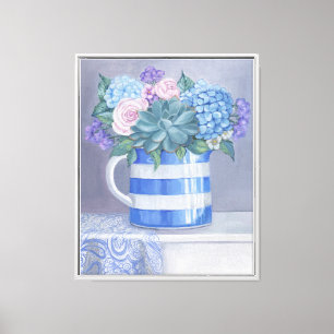 Lienzo Arreglo floral en una jarra azul a rayas
