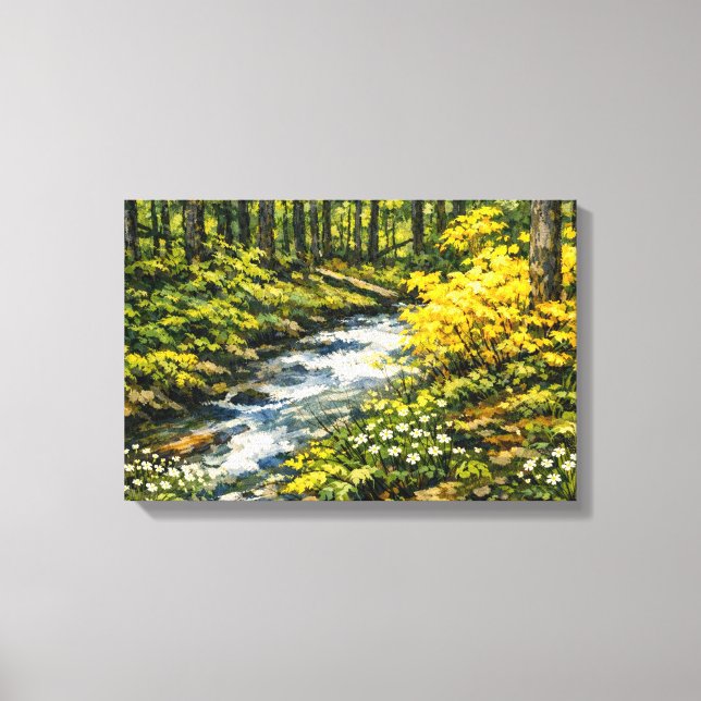 Lienzo Arroyo forestal con flores silvestres amarillas (Anverso)