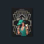Lienzo Art Deco 1920 Lady Green Vestido marco dorado negr<br><div class="desc">Esta dama de los años 20 luce un vestido verde y un gorra con un cóctel, un marco de estilo años 20 y una tipografía de estilo Art Deco y 1925. El estilo de los años 20 es de estilo Art Decó. Sería un gran arte mural para un bar o...</div>