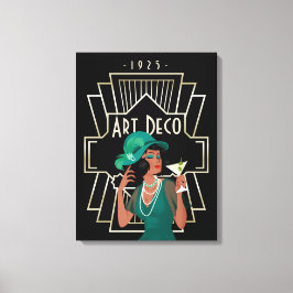 Lienzo Art Deco 1920 Lady Green Vestido marco dorado negr
