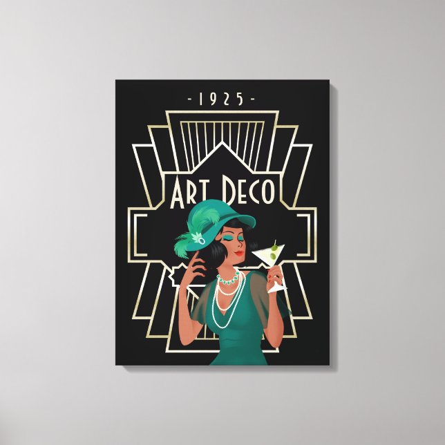 Lienzo Art Deco 1920 Lady Green Vestido marco dorado negr (Anverso)