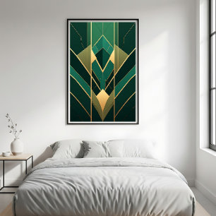 Lienzo Art Deco Esmeralda Verde y Dorado Geométrico