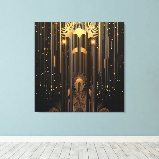 Lienzo Art Deco Metallic Gold Rain on Black Stylish (Insitu (piso de madera))