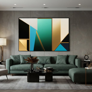 Lienzo Art Deco Verde Azul y Dorado Geométrico Abstracto