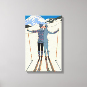 Lienzo Art déco vintage, amantes de la nieve, por George