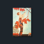 Lienzo Art Deco vintage, pájaro ligero de George Barbier<br><div class="desc">Imagen de arte deco de ilustracion vintage con una hermosa mujer de moda vestida con un vestido de flores floridas con su pájaro mascota con largas plumas de cola en un árbol. Una jaula vacía de la que el pájaro escapó está en el suelo al lado de la glamorosa dama....</div>