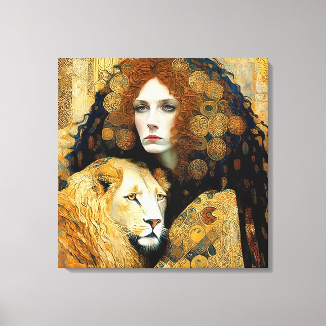 Lienzo Art Nouveau Woman With Leon Inspired By Klimt (Anverso)