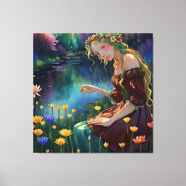 Lienzo *~ Art Woman Waterfall Pick Flower Pond AP56 (Anverso)