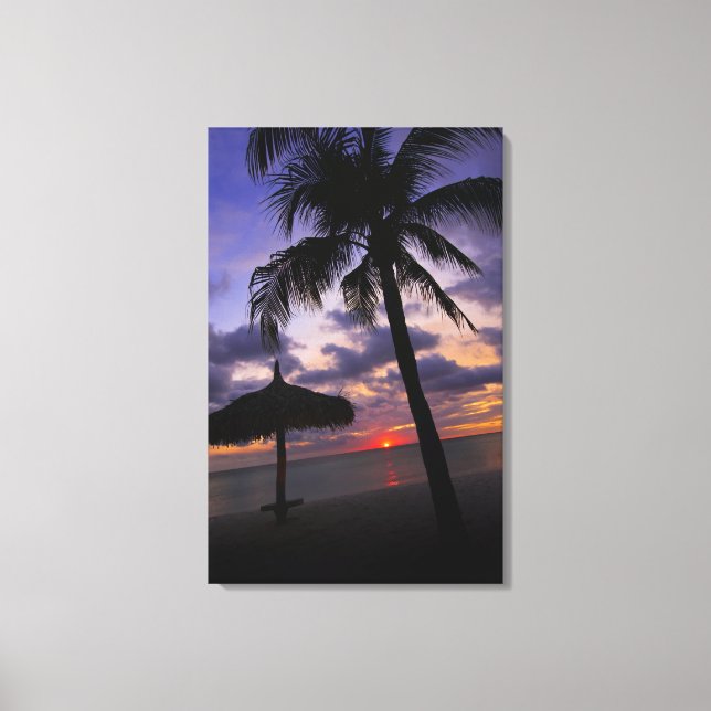 Lienzo Aruba, silueta de palmera y palapa sobre (Anverso)