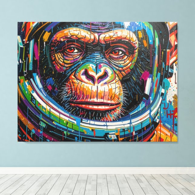 LIENZO ASTRONAUTA CHIMPANCÉ REGRESA A CASA-11 (Insitu (piso de madera))