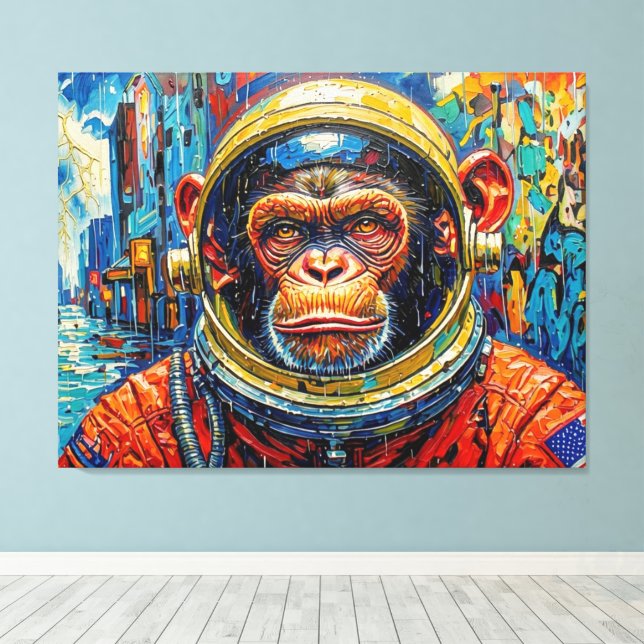LIENZO ASTRONAUTA CHIMPANCÉ REGRESA A CASA-8 (Insitu (piso de madera))