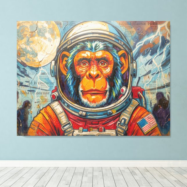 LIENZO ASTRONAUTA CHIMPANCÉ - REGRESANDO A CASA (Insitu (piso de madera))