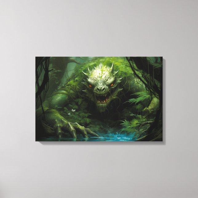 Lienzo Asustado monstruo oculto en bosque tropical (Anverso)