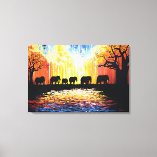Lienzo Atardecer africano y elefantes - pintura al óleo