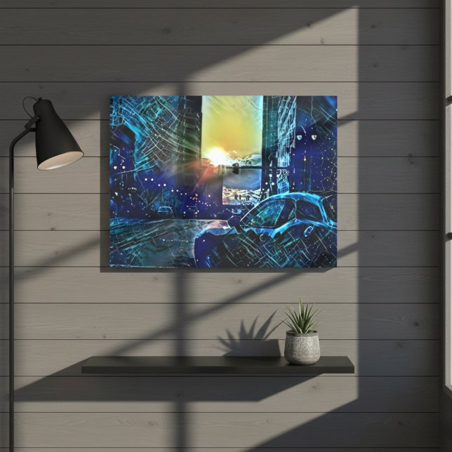 Lienzo Atardecer de detroit por impulso azul - vibracione (Blue Pulse Detroit Sunset – Electric City Vibes Canvas Print)