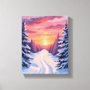 Lienzo Atardecer de paisaje de pinos invernales   Acuarel