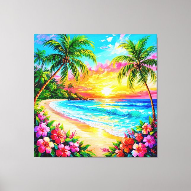 Lienzo Atardecer de playa tropical con palmeras (Anverso)