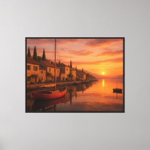 Lienzo Atardecer dorado sobre pueblo costero
