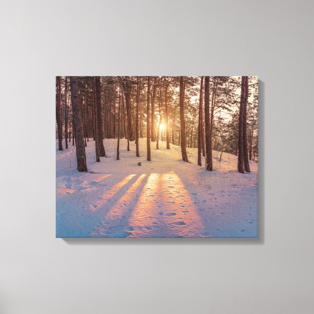 Lienzo Atardecer en el nevado pinar de invierno (Anverso)