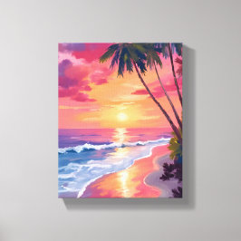 Lienzo Atardecer en el paraíso | Playa tropical de acuare