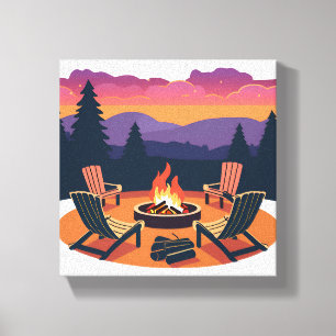 Lienzo Atardecer en fogata   Pintura de camping en la nat