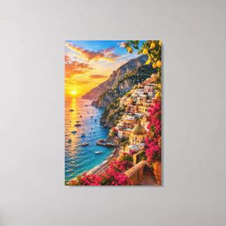 Lienzo Atardecer en la Costa Amalfitana Italia. Mediterrá