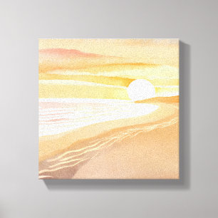 Lienzo Atardecer en la Playa Acuarela   Hermoso Amarillo 