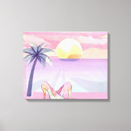 Lienzo Atardecer en la playa con acuarela de color rosa p