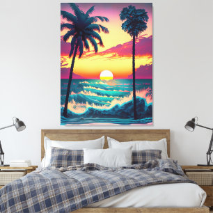 Lienzo Atardecer en la playa con palmeras pintadas