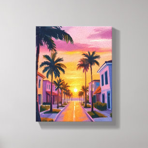 Lienzo Atardecer en Miami Beach Océano Florida Acuarela