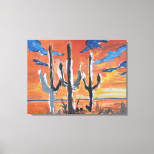Lienzo Atardecer Neo-Expresionista del Saguaro del Desier