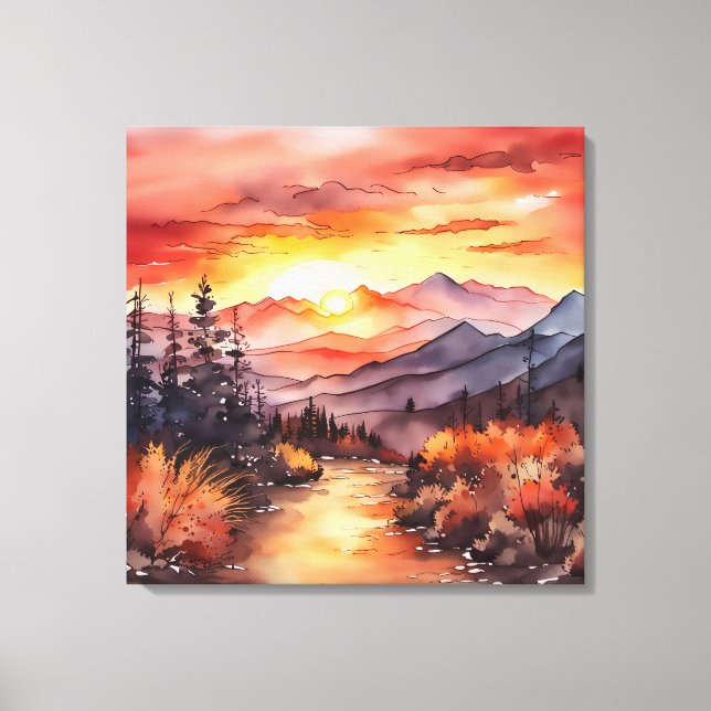Lienzo Atardecer otoño en la acuarela de la montaña (Anverso)