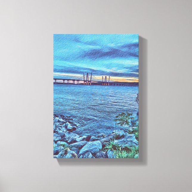 Lienzo Atardecer sobre el puente Tappan Zee (Anverso)