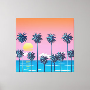 Lienzo Atardecer tropical: Ilustracion de playa vintage
