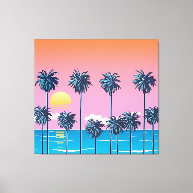 Lienzo Atardecer tropical: Ilustracion de playa vintage (Anverso)