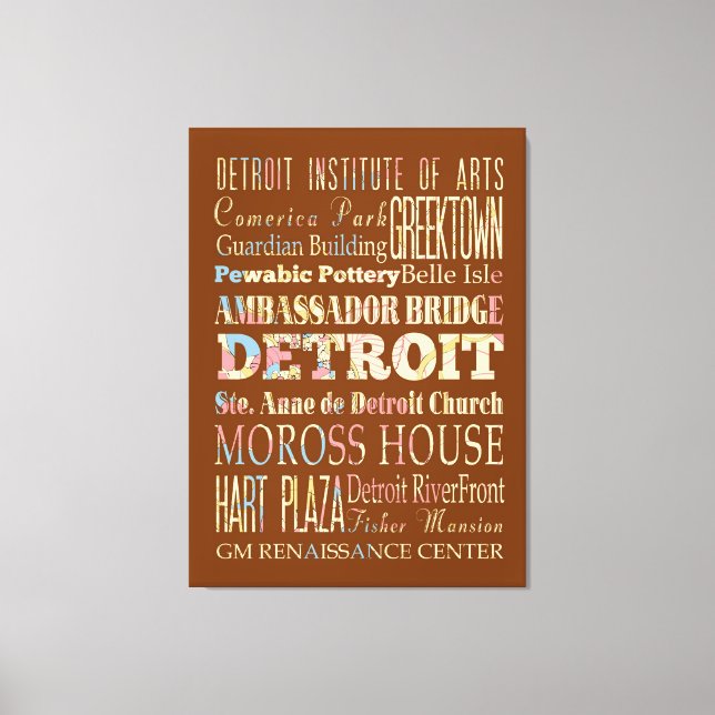 Lienzo Atracciones y lugares famosos de Detroit, Michigan (Anverso)