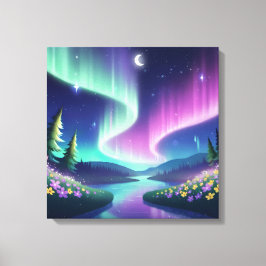 Lienzo Aurora Dreams: Flowing River and Flower Field