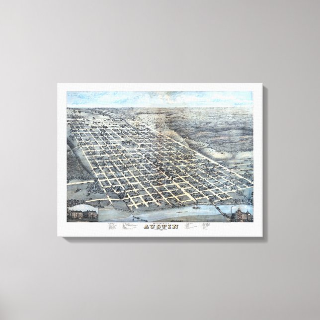 Lienzo Austin, Texas Antique Aerial City Map de 1873 (Anverso)