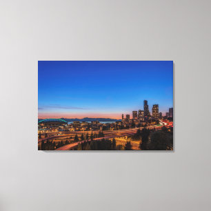 Lienzo Autopista I-5 y centro de Seattle en el ocaso