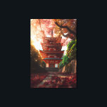 Lienzo Autumn Maple Pagoda Temple Staircase Glow<br><div class="desc">A classic red pagoda temple stands at the top of a stone staircase enveloped by a breathtaking canopy of crimson, orange, and golden maple leaves in full autumn glory. Sunlight streams through the branches, casting warm rays across scattered foliage on the steps and illuminating the temple's graceful tiers and green-tiled...</div>